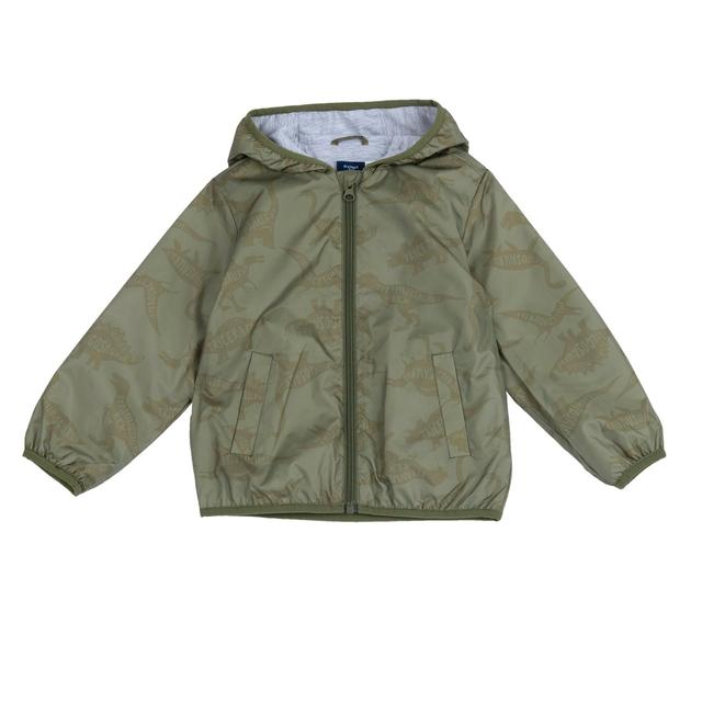 Giubbino antivento Chicco per bambino con vivace stampa dinosauro su sfondo verde, realizzato in tessuto tecnico riciclato impermeabile. | Chicco