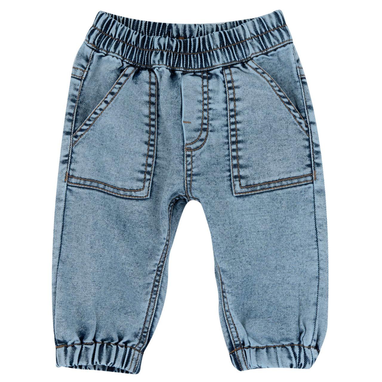 Pantaloni lunghi azzurri in chambray per bambino Chicco con tasconi frontali e vita elasticizzata, ideali per la primavera/estate. | Chicco