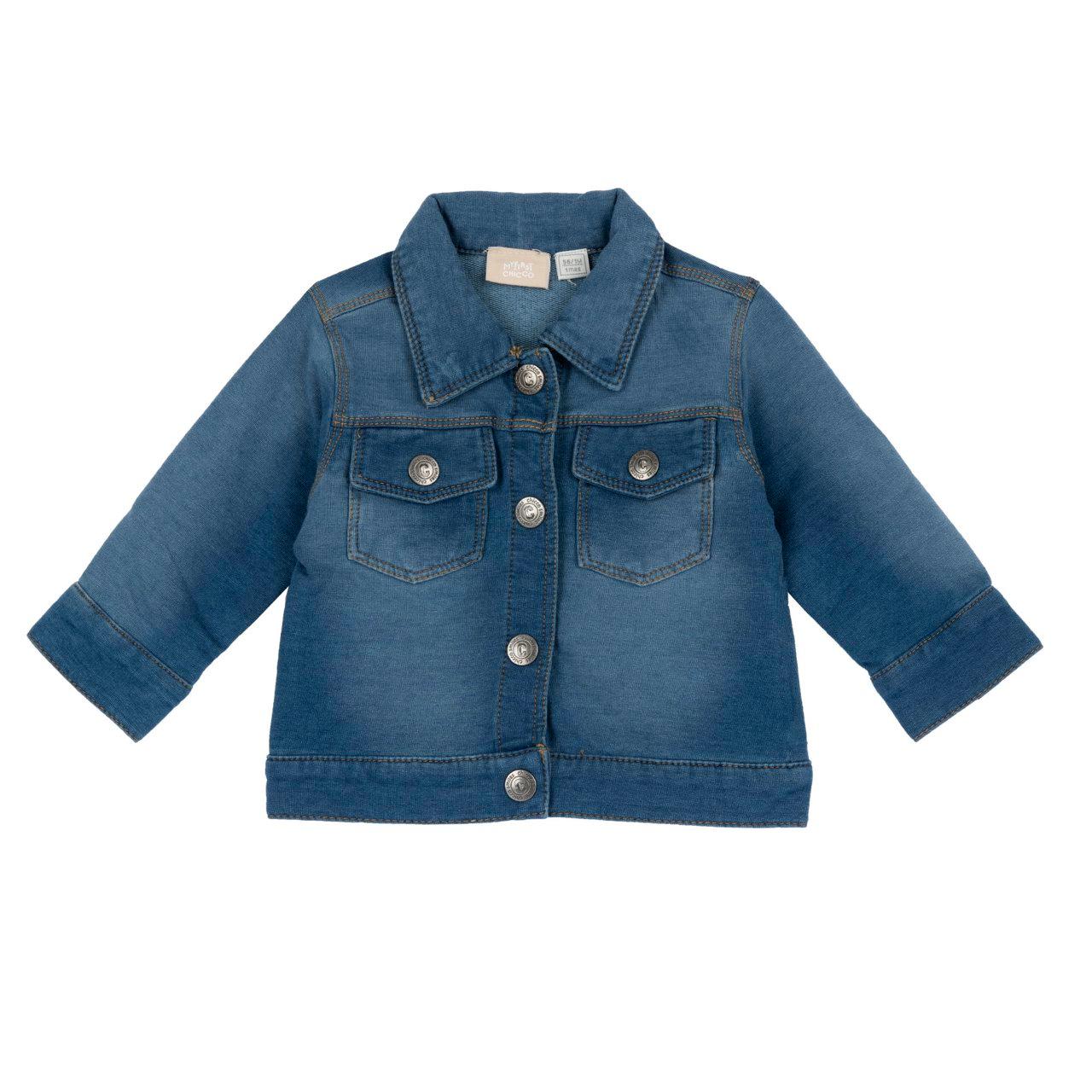 Giubbino in felpa elasticizzata effetto denim blu per bambino Chicco, con bottoni automatici frontali, ideale per la primavera/estate. | Chicco