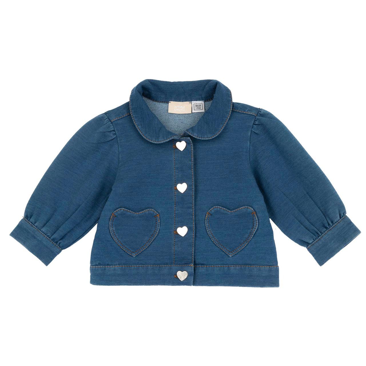 Giubbino in felpa elasticizzata effetto denim blu per bambina Chicco, con tasche a cuore e bottoni automatici coordinati, ideale per primavera/estate. | Chicco