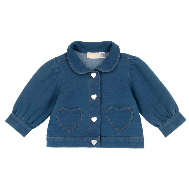 Giubbino in felpa elasticizzata effetto denim blu per bambina Chicco, con tasche a cuore e bottoni automatici coordinati, ideale per primavera/estate. | Chicco