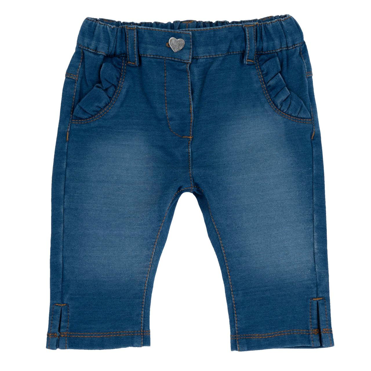 Pantaloni lunghi blu in felpa elasticizzata effetto denim per bambina Chicco con vita elasticizzata e volant decorativi sulle finte tasche anteriori. | Chicco