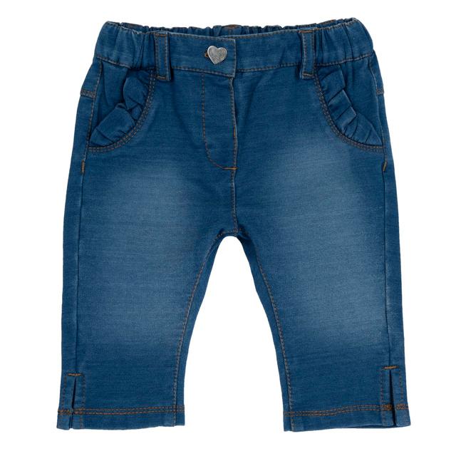 Pantaloni lunghi blu in felpa elasticizzata effetto denim per bambina Chicco con vita elasticizzata e volant decorativi sulle finte tasche anteriori. | Chicco