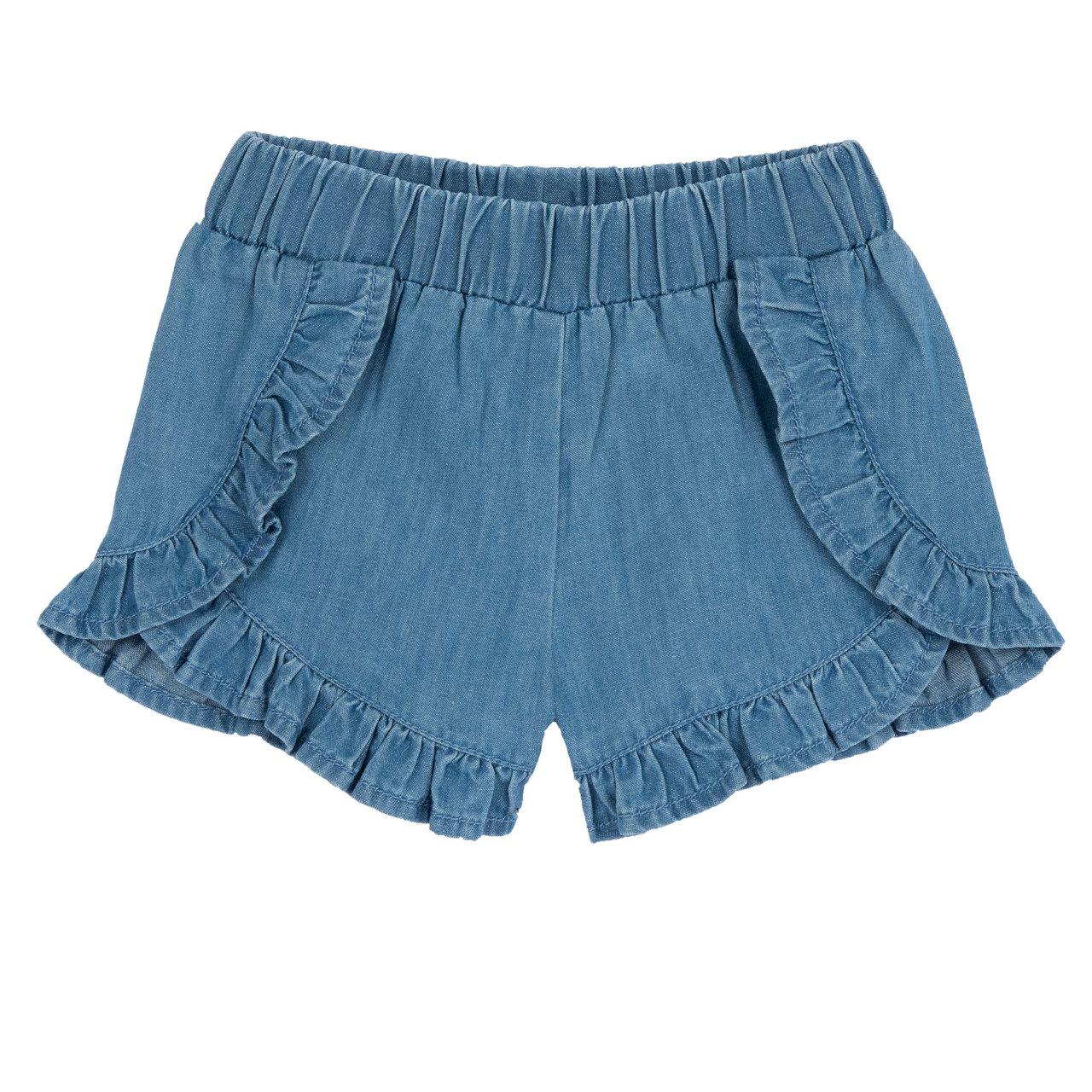 Pantaloni corti azzurri in chambray 100% cotone sostenibile per bambina del brand Chicco, con vita elasticizzata e volant decorativi. | Chicco