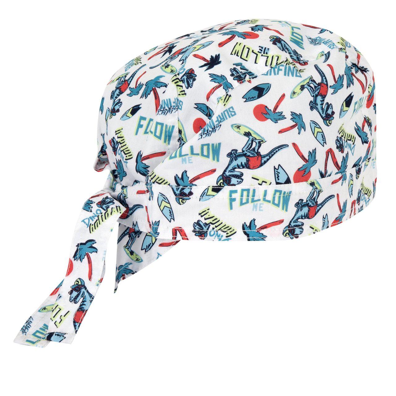 Bandana Chicco per bambini con fantasia di dinosauri su sfondo bianco, 100% cotone, regolabile sul retro, ideale per primavera/estate. | Chicco