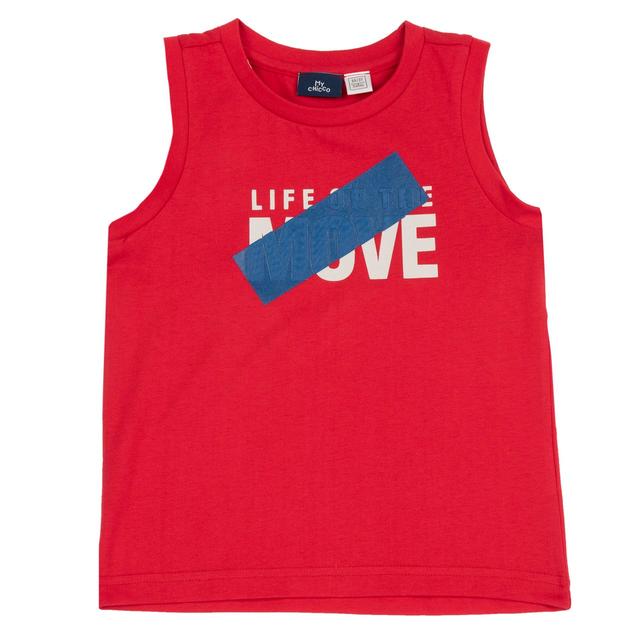 Canotta rossa in jersey di cotone sostenibile per bambino Chicco, con stampa lucida effetto gel e bottoni automatici sulla spalla. | Chicco