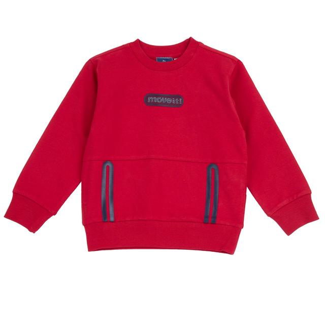 Felpa girocollo rossa per bambino Chicco in cotone sostenibile, con tasche decorative stampate e stampa a rilievo effetto rete sul davanti. | Chicco