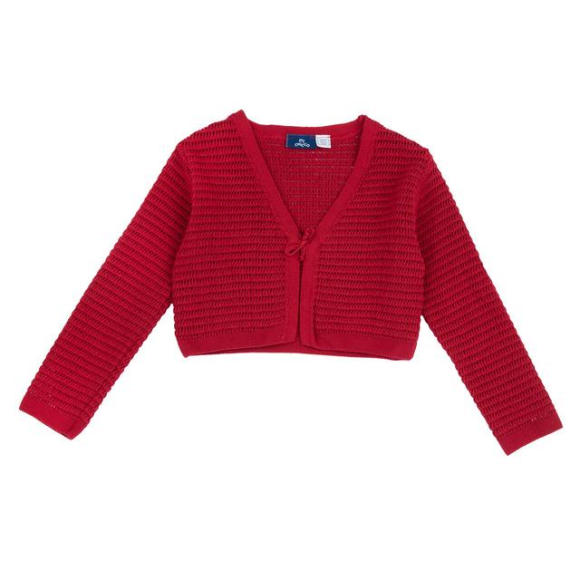Cardigan corto traforato rosso in puro cotone per bambina Chicco, modello aperto con fiocchetto e laccetti per la chiusura. | Chicco