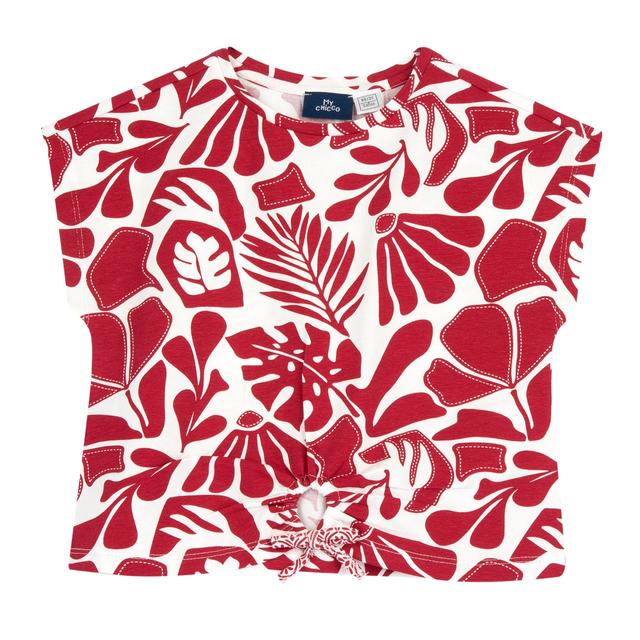 Maglietta manica corta rossa stampata per bambina Chicco con nodo decorativo, in cotone sostenibile ed elastan, ideale per primavera/estate. | Chicco
