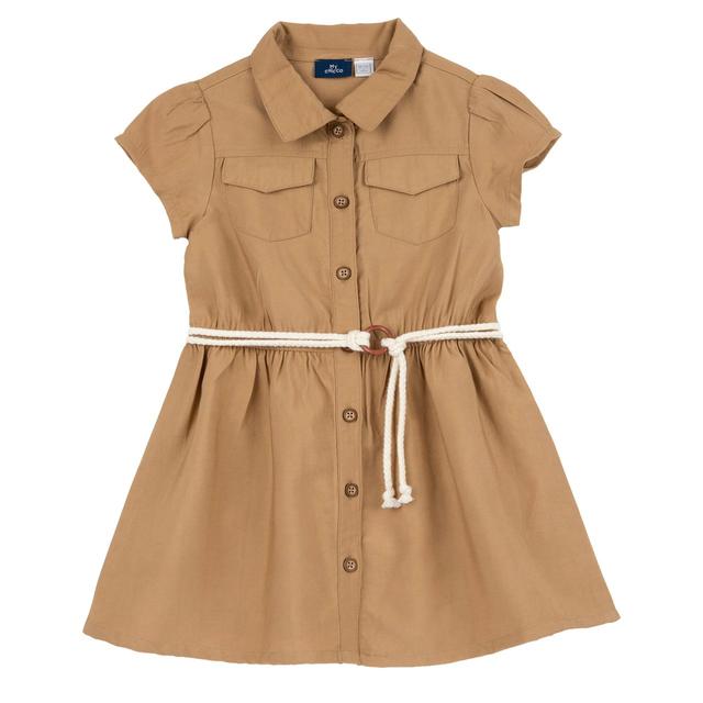 Vestito bianco Chicco a manica corta in twill per bambina, con cinturina in corda regolabile e bottoni effetto legno. | Chicco