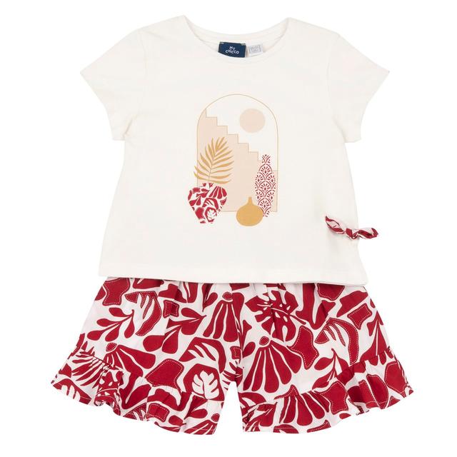 Completo estivo rosso per bambina Chicco con maglietta in jersey elasticizzato e pantaloni corti in viscosa con stampa fantasia. | Chicco