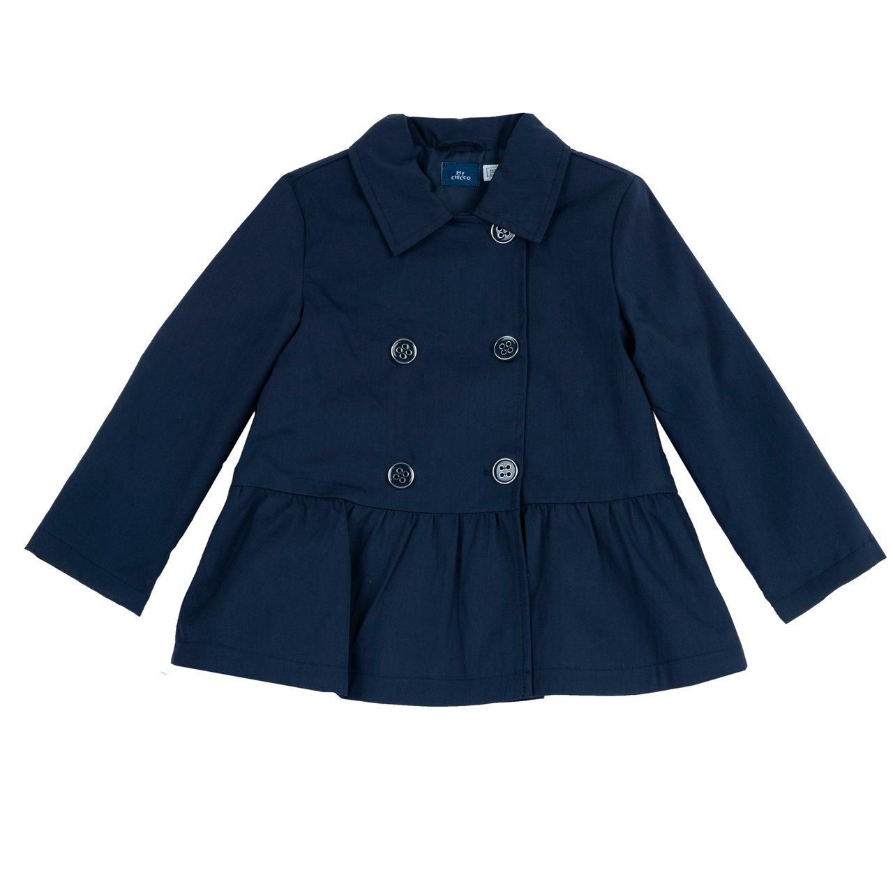 Giacca impermeabile blu per bambina Chicco con chiusura doppiopetto e dettagli profilati in argento, in tessuto misto cotone elasticizzato. | Chicco