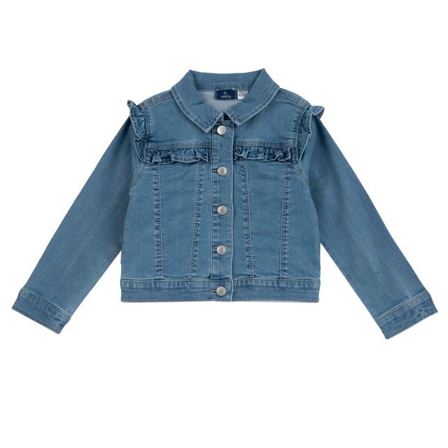 Giubbino in denim elasticizzato azzurro per bambina Chicco con rouches decorative e bottoni a forma di cuore, ideale per primavera/estate. | Chicco