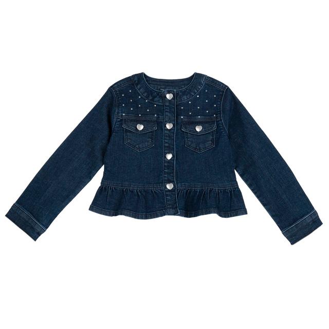 Giubbino in denim elasticizzato blu per bambina Chicco con strass e ricami argentati, chiusura a bottoni a cuore e balzina. | Chicco
