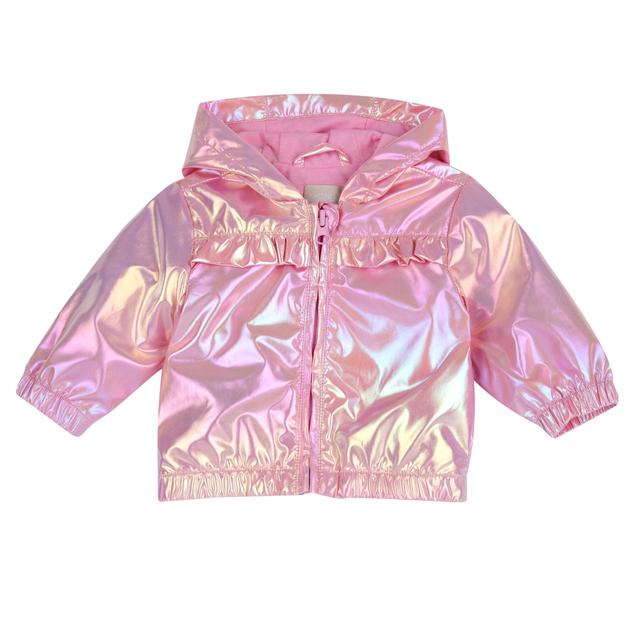 Giubbino antivento Chicco rosa per bambina con effetto iridescente e rouches sul petto, realizzato in materiale tecnico riciclato impermeabile. | Chicco