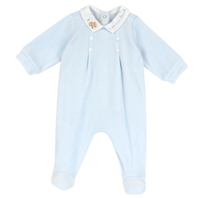 Tutina azzurra in ciniglia Chicco per neonato, con colletto ricamato e bottoni effetto madreperla, aperta dietro, ideale per primavera/estate. | Chicco