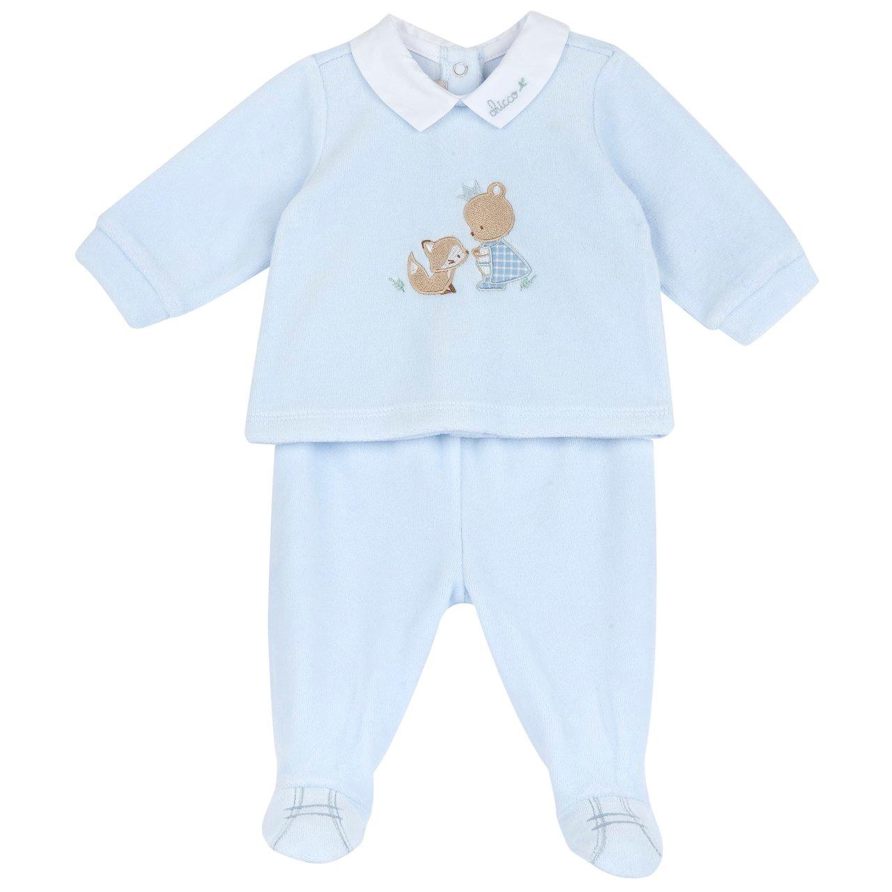 Completo azzurro in ciniglia Chicco per neonato con maglia ricamata e pantaloni con piedini, ideale per primavera/estate. | Chicco