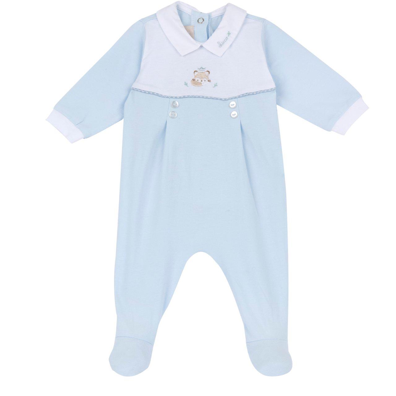 Tutina Chicco azzurra in jersey di cotone elasticizzato con colletto ricamato e bottoni effetto madreperla, aperta dietro e con stampa antiscivolo sotto i piedini. | Chicco