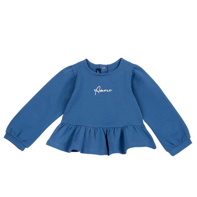 Felpa girocollo blu Chicco per bambina con stampa glitterata frontale e balza arricciata al fondo, in cotone sostenibile. | Chicco