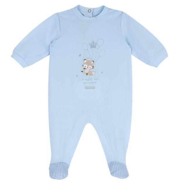 Tutina girocollo azzurra Chicco in cotone elasticizzato sostenibile per neonato, con applicazioni, ricami e dettagli a quadretti, apertura interna gamba e retro. | Chicco