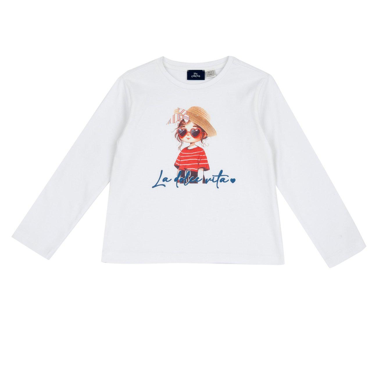 Maglietta a manica lunga bianca per bambina Chicco con stampa fotografica effetto gel e scritta, in morbido jersey elasticizzato di cotone sostenibile. | Chicco