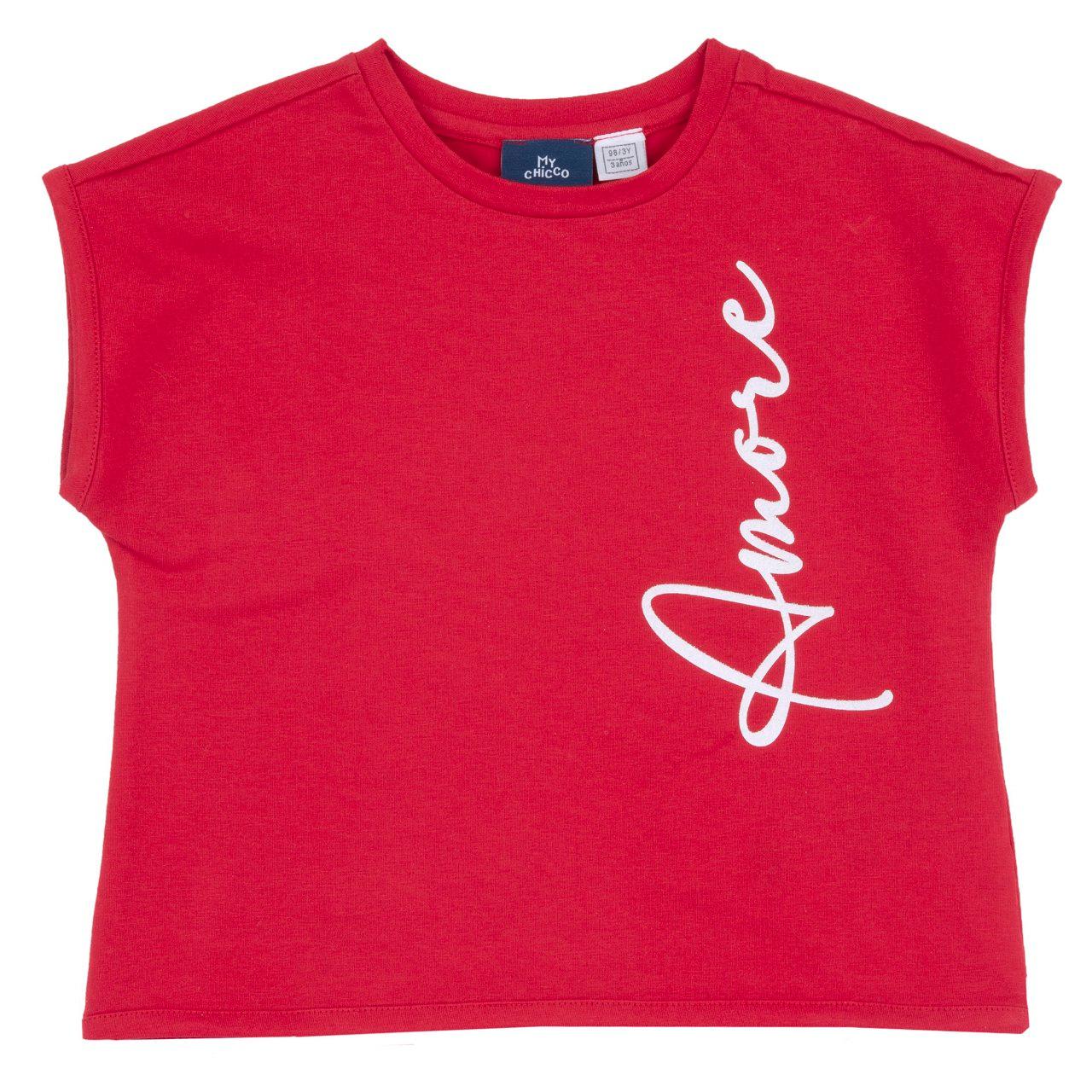 Maglietta rossa a manica corta per bambina con stampa glitterata effetto brillante, in cotone sostenibile Chicco. | Chicco