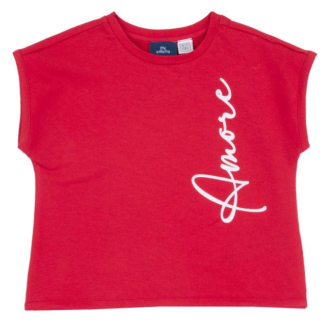 Maglietta rossa a manica corta per bambina con stampa glitterata effetto brillante, in cotone sostenibile Chicco. | Chicco