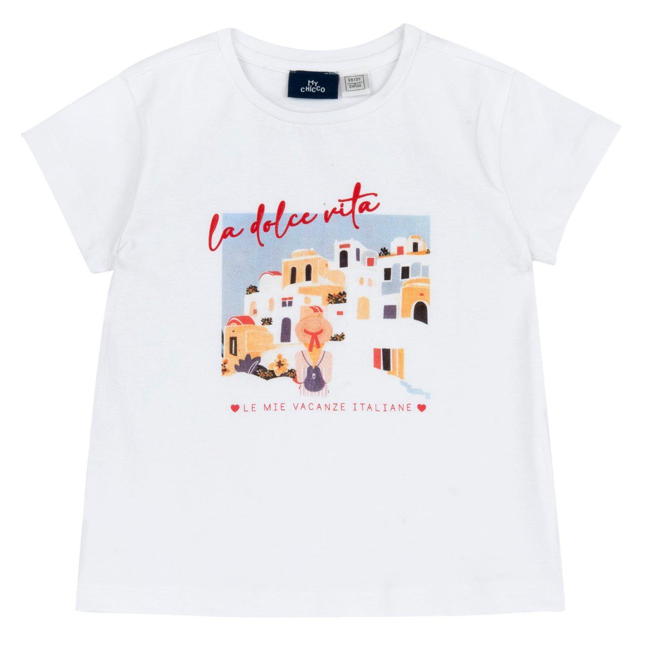 Maglietta a manica corta bianca per bambina Chicco con vivace stampa glitterata e scritta effetto gel, in jersey elasticizzato di cotone sostenibile. | Chicco