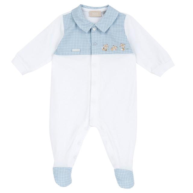 Tutina aperta davanti azzurra Chicco in jersey di cotone elasticizzato, con colletto e inserti a quadretti, grafica ricamata e medaglietta madreperla, ideale per primavera/estate. | Chicco