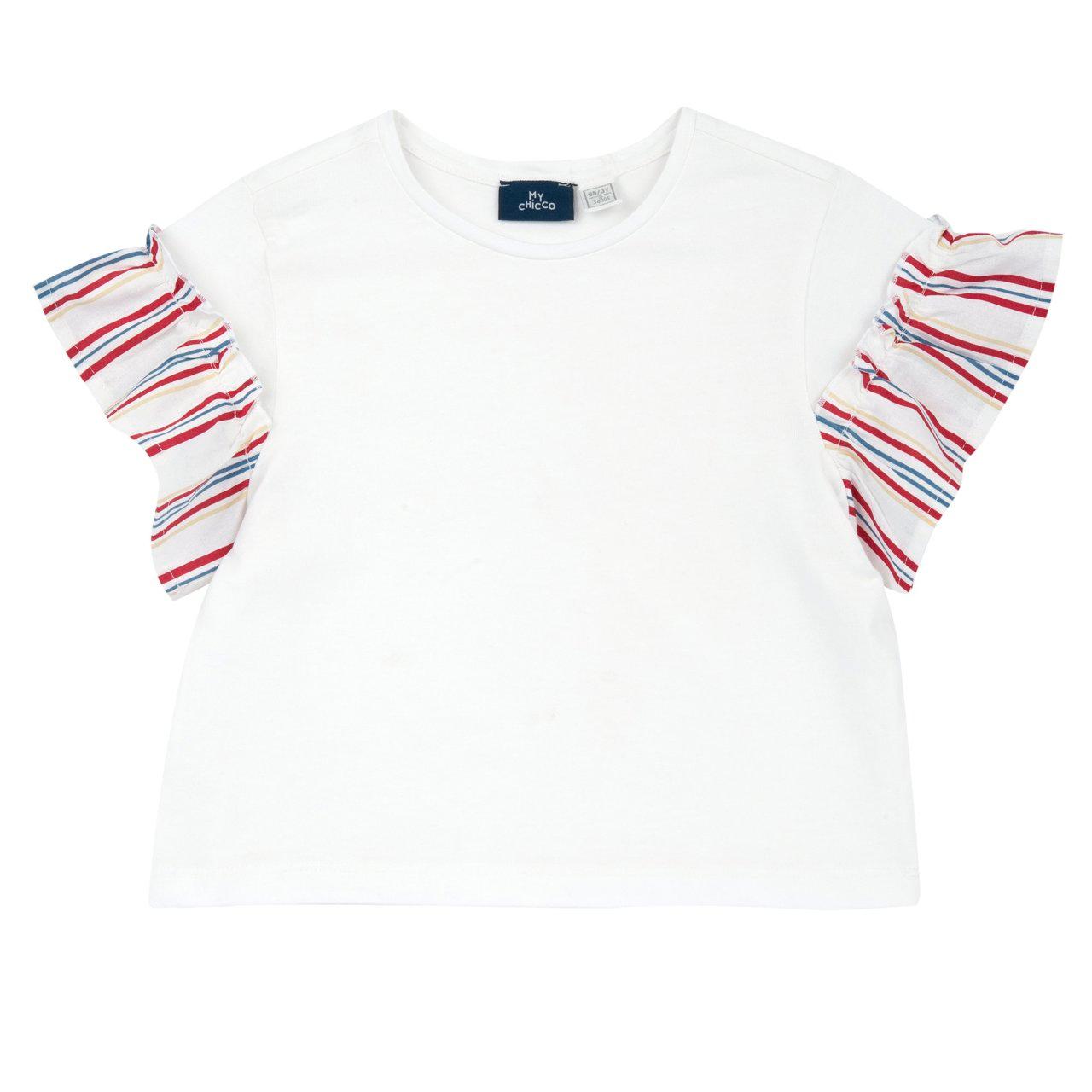 Maglietta bianca a manica corta Chicco per bambina con balzina a righe, in cotone sostenibile certificato Oeko-Tex. | Chicco