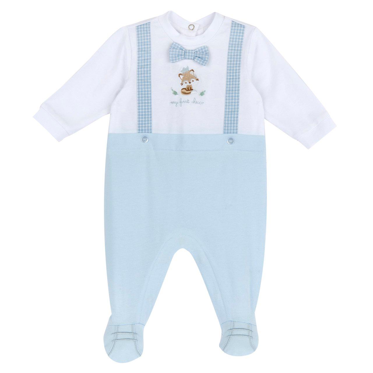 Tutina Chicco azzurra in jersey di cotone elasticizzato con bretelle e papillon a quadretti, dettagli ricamati e piedini antiscivolo. | Chicco