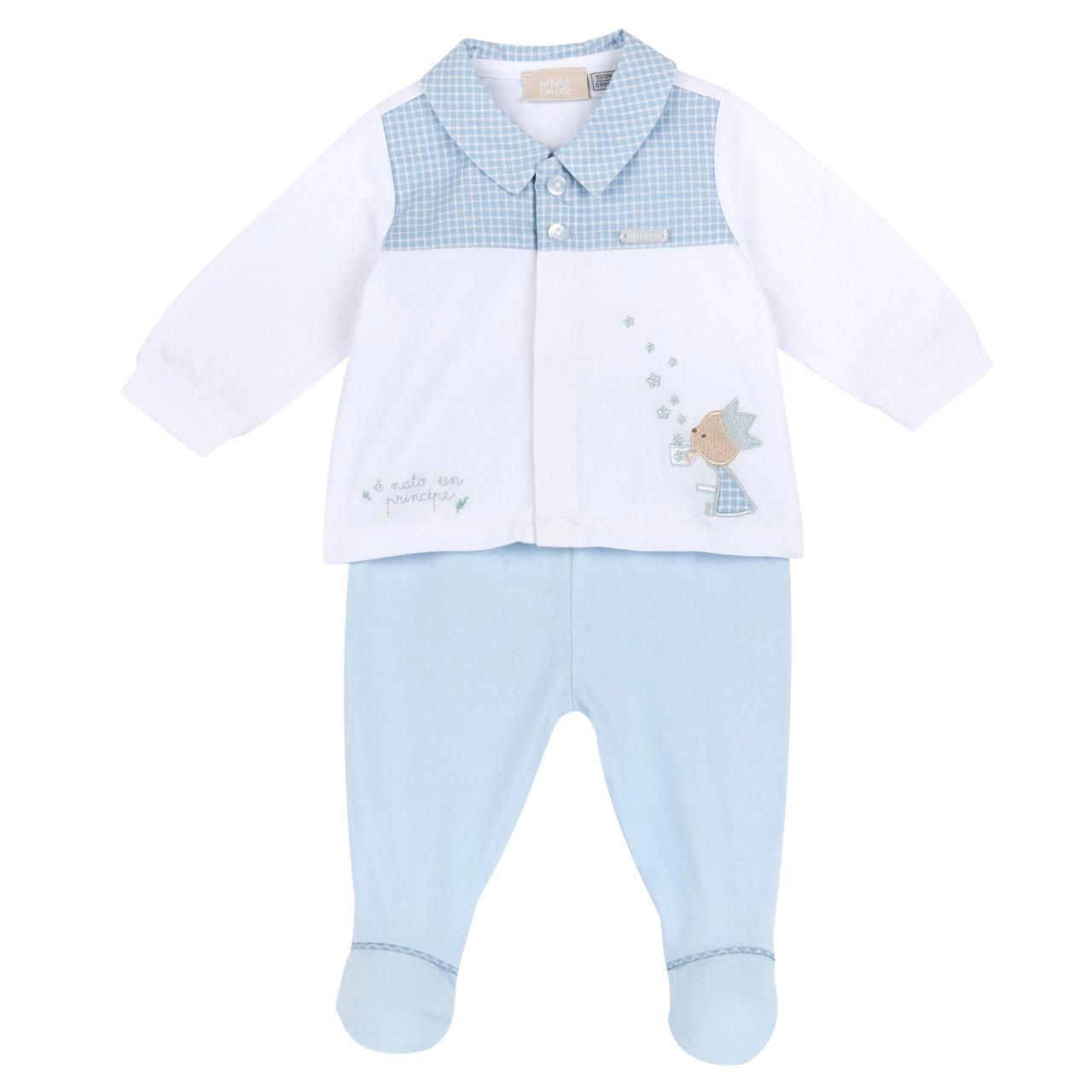 Completo azzurro Chicco per neonato con maglia a maniche lunghe e pantaloni con piedini, in jersey di cotone elasticizzato, dettagli a quadretti e applicazioni. | Chicco