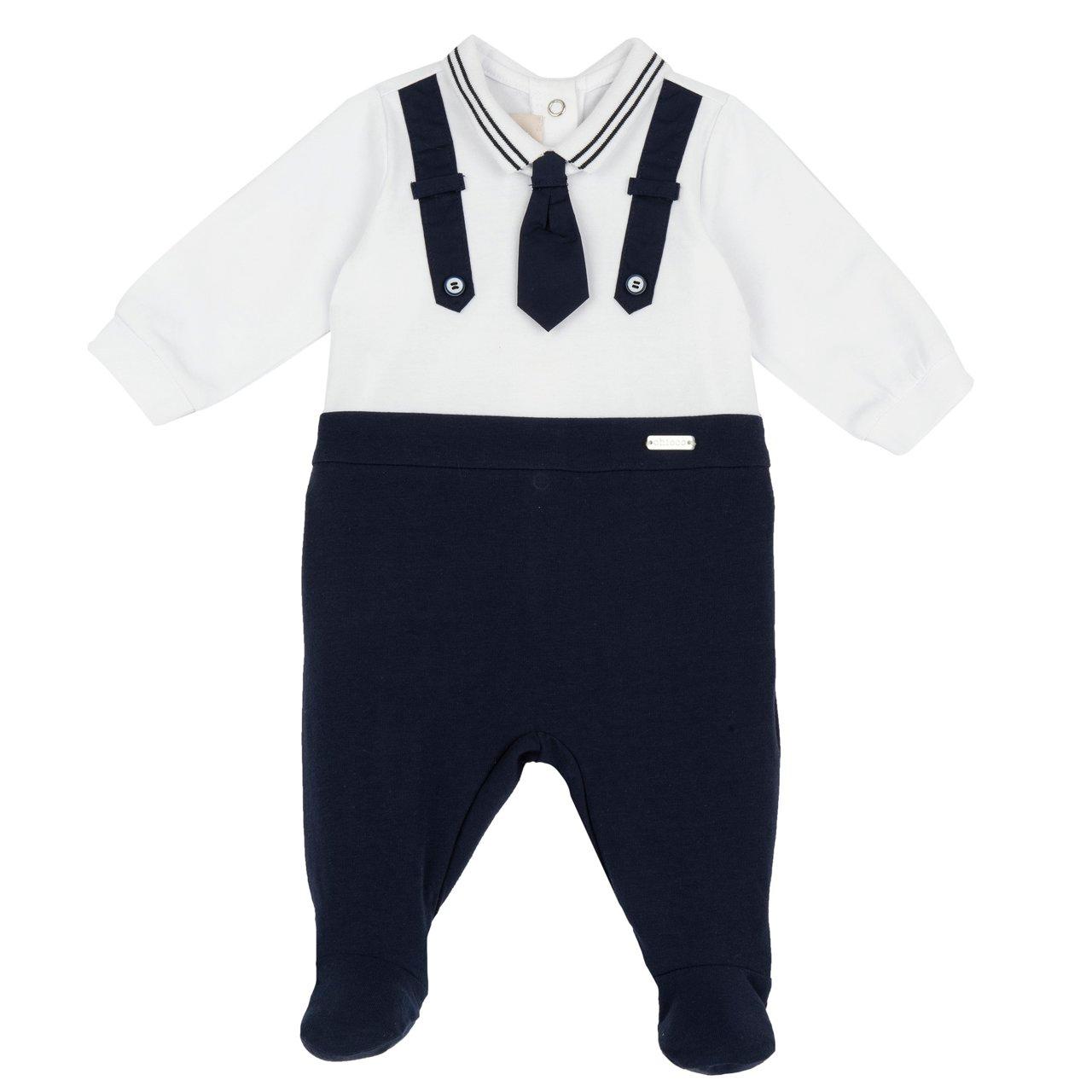 Tutina bianca Chicco aperta dietro per neonato in morbido jersey di cotone elasticizzato, con collo a righe a contrasto e cravattino rimovibile. | Chicco