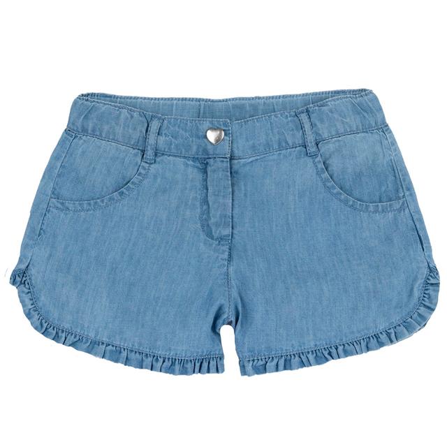 Pantaloni corti azzurri in chambray di cotone per bambina Chicco con vita elasticizzata regolabile, zip e bottone a cuore, tasche e rouches al fondo. | Chicco