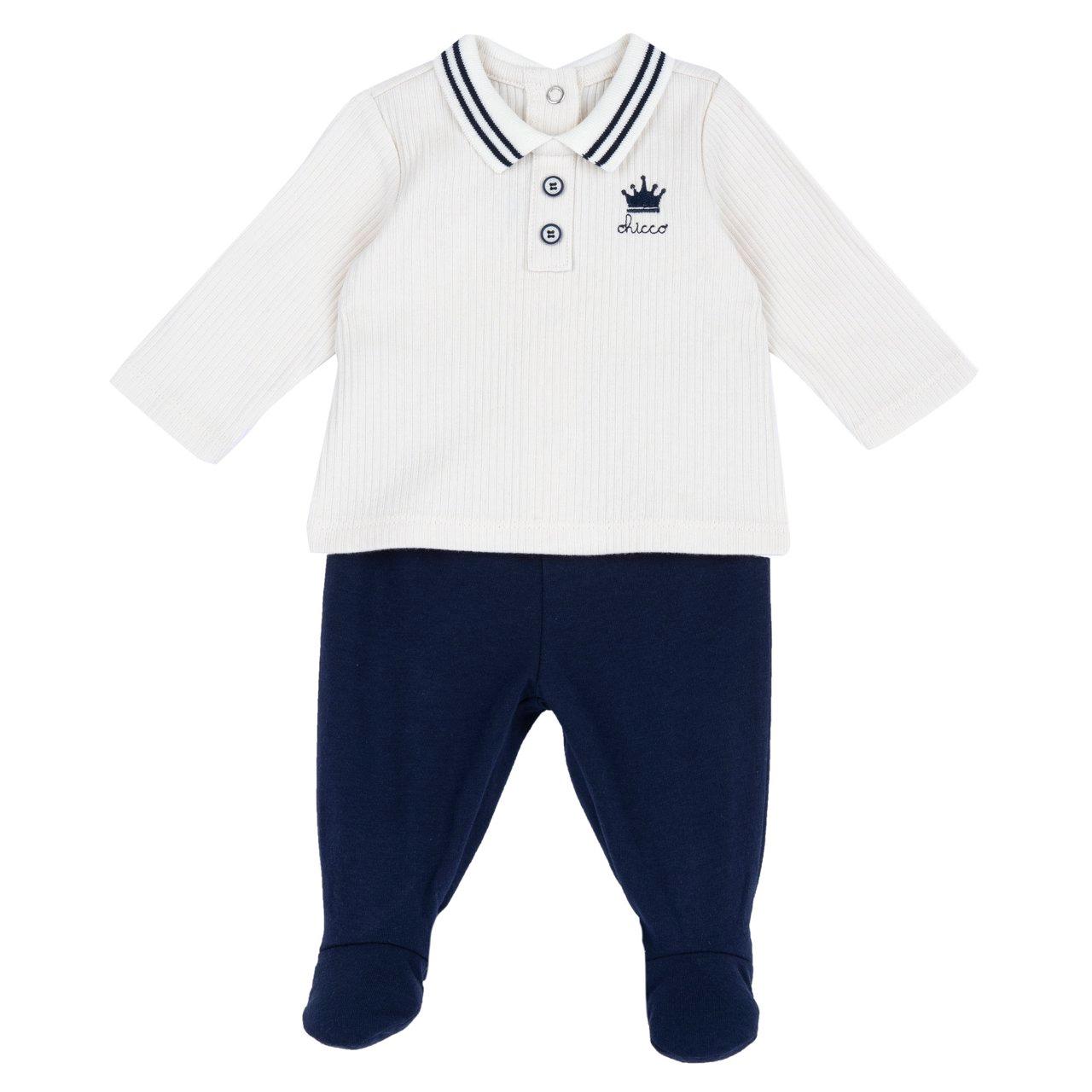 Completo neonato Chicco in cotone elasticizzato bianco con piedini, maglia a righe con colletto a costina e pantaloni coordinati, ideale per primavera/estate. | Chicco