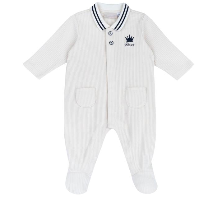 Tutina bianca Chicco aperta davanti in cotone elasticizzato per neonato, con colletto a righe a contrasto e logo ricamato, ideale per primavera/estate. | Chicco