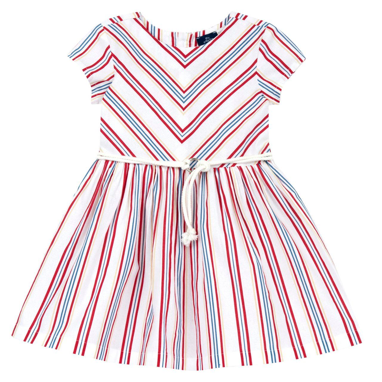 Vestito bianco a manica corta per bambina Chicco con stampa rigata, cinturina in corda rimovibile e bottoni effetto madreperla sul retro. | Chicco
