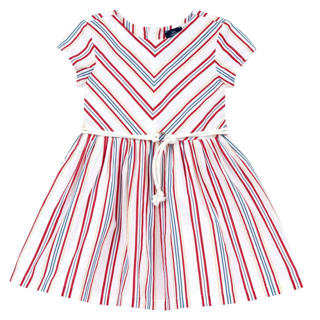Vestito bianco a manica corta per bambina Chicco con stampa rigata, cinturina in corda rimovibile e bottoni effetto madreperla sul retro. | Chicco