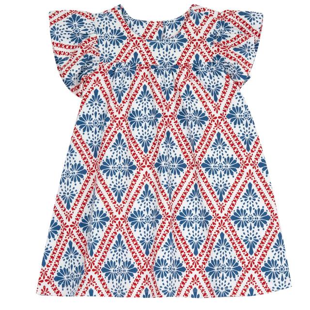 Vestito a manica corta stampato per bambina Chicco in jersey goffrato bianco con stampa geometrica vivace e maniche ad aletta. | Chicco