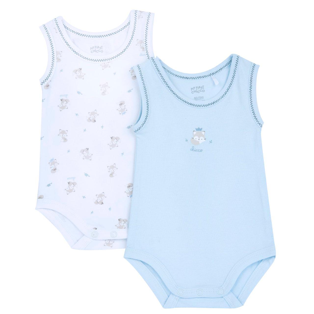 Set body intimo Chicco azzurro a spalla larga in morbido cotone elasticizzato, con bottoni automatici per un facile cambio. | Chicco