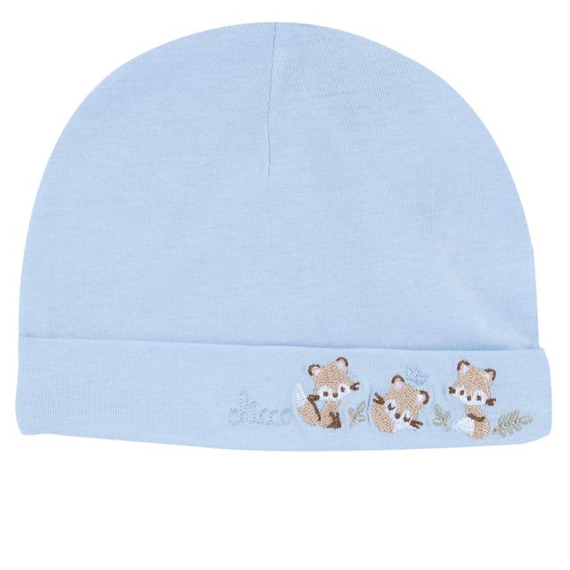 Cappello azzurro Chicco con risvolto in jersey di cotone elasticizzato per bambino, con grafica ricamata e certificazione Oeko-Tex. | Chicco