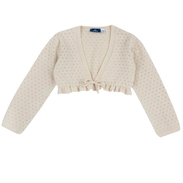 Cardigan corto scaldacuore Chicco bianco in maglia di cotone 100% con scollo a V, chiusura a fiocchetto e motivo traforato. | Chicco
