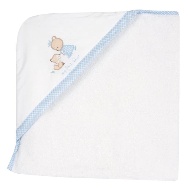 Accappatoio azzurro Chicco per bambino in spugna di cotone 100% Oeko-Tex con quadretti e ricami, misura unica 76x76 cm. | Chicco