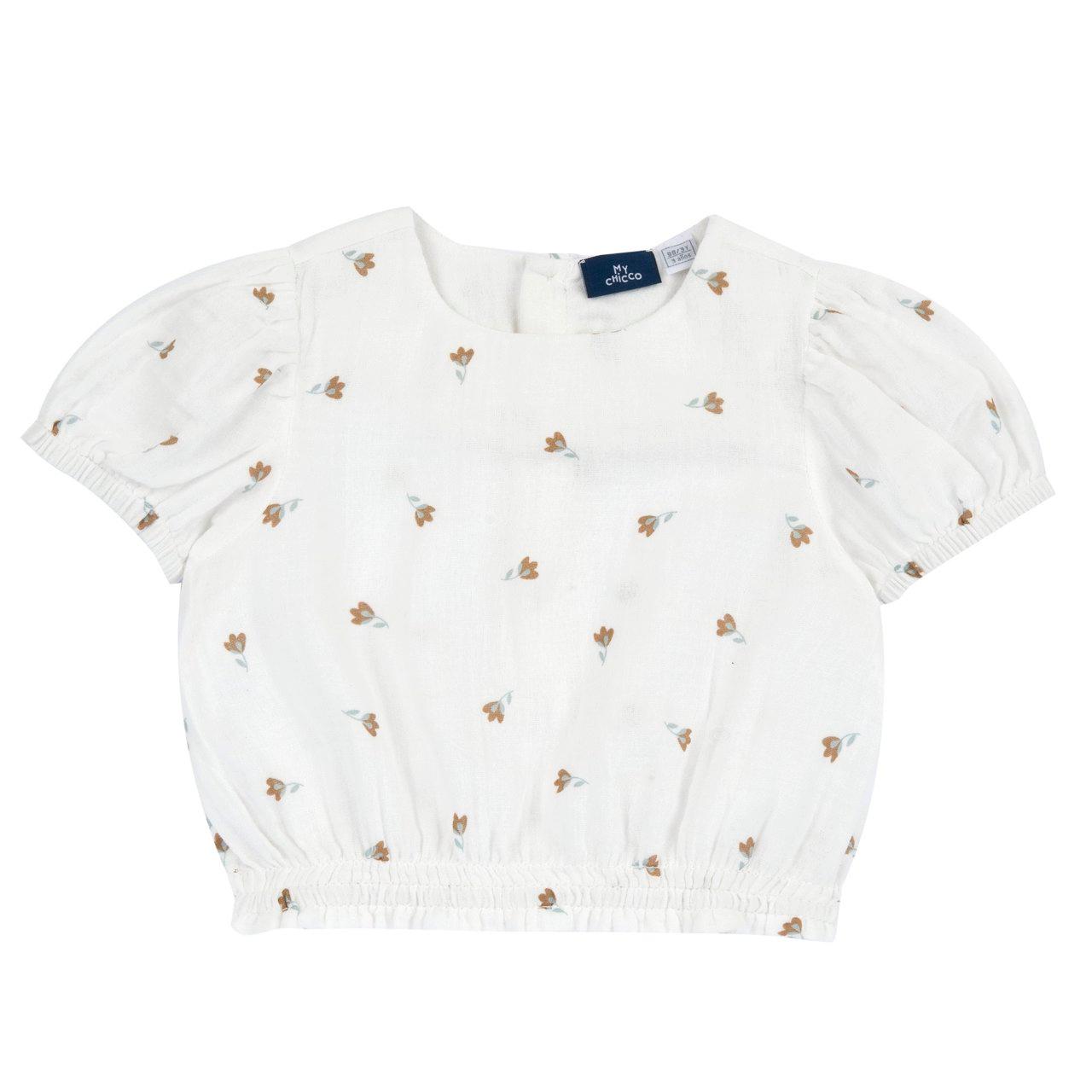 Camicia manica corta in garza di cotone beige per bambina Chicco con stampa fiori e maniche a palloncino elasticizzate. | Chicco