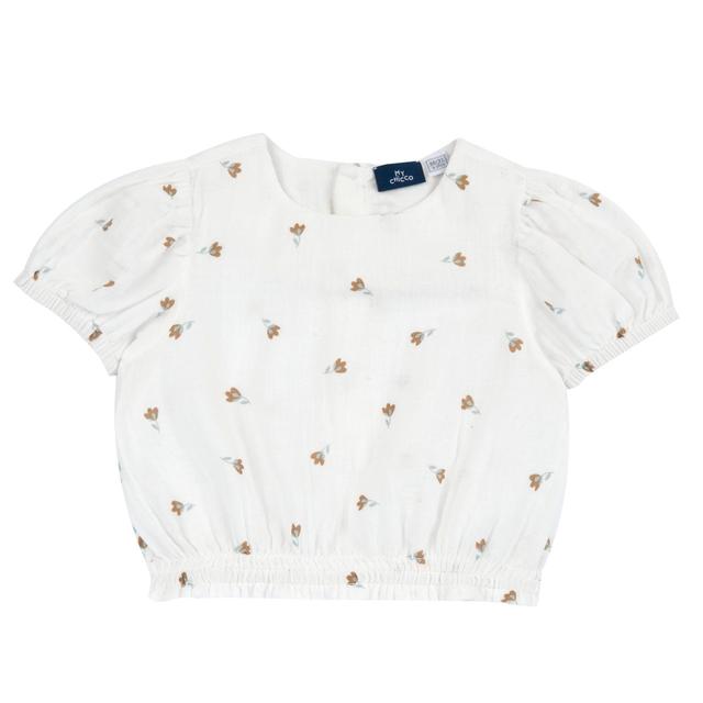 Camicia manica corta in garza di cotone beige per bambina Chicco con stampa fiori e maniche a palloncino elasticizzate. | Chicco