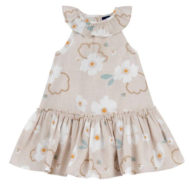 Vestito smanicato bianco in cotone effetto lino per bambina con stampa a macro fiori, rouches al collo e bottoni effetto legno sul retro. | Chicco