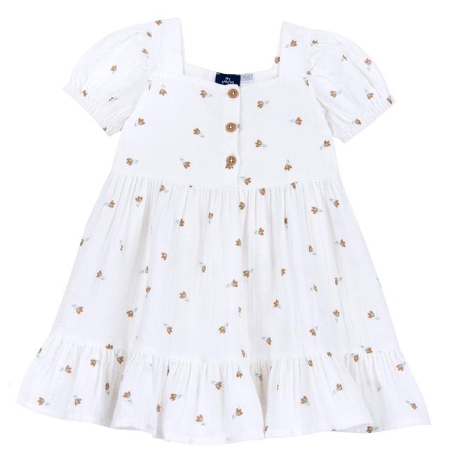Vestito beige in garza di cotone per bambina con stampa fantasia floreale, manica corta e bottoncini effetto legno, collezione Chicco. | Chicco
