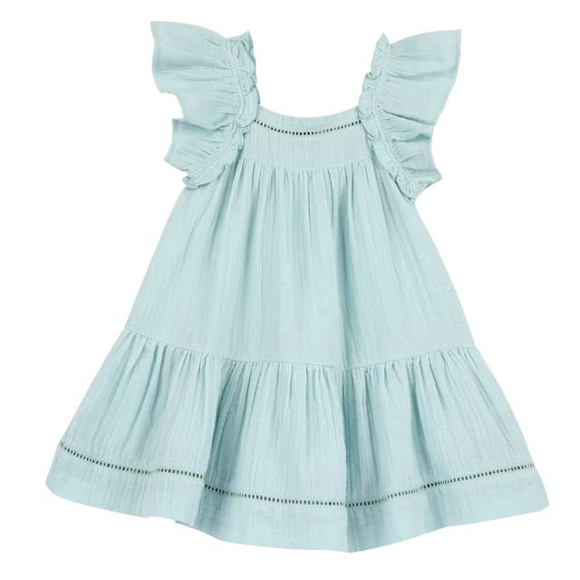 Vestito Chicco verde manica corta ad aletta in garza di cotone per bambina, con rouches e motivo à jour. | Chicco