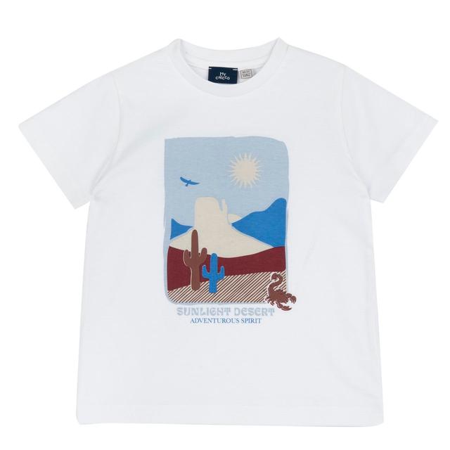 Maglietta a manica corta bianca in cotone sostenibile Chicco per bambino con stampa fotografica in rilievo, ideale per primavera/estate. | Chicco