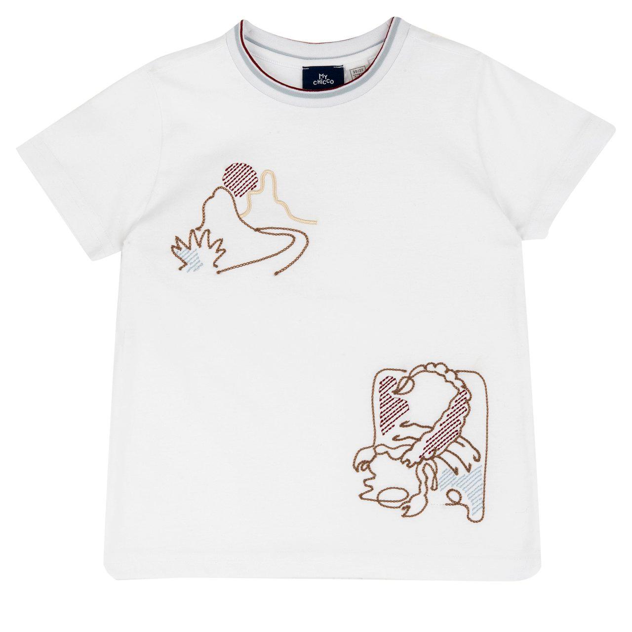 Maglietta a manica corta bianca in cotone per bambino Chicco con ricami in rilievo e collo a costa rigata, perfetta per la primavera/estate. | Chicco